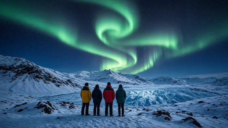Travelers watching green northern lights over a snowy landscape and a glacier in Iceland