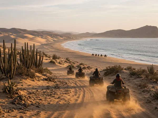 ATVs riding a sandy desert trail toward a Pacific beach with cardón cacti and a camel caravan in the distance