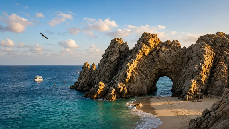 The rock arch at Land's End in Cabo San Lucas in golden light, with a tour boat on turquoise water