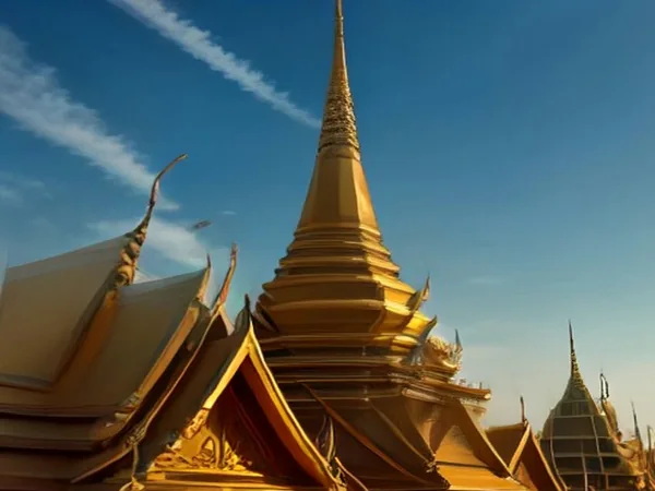 Ornate golden Thai temple spires and emerald roofs under a clear blue sky