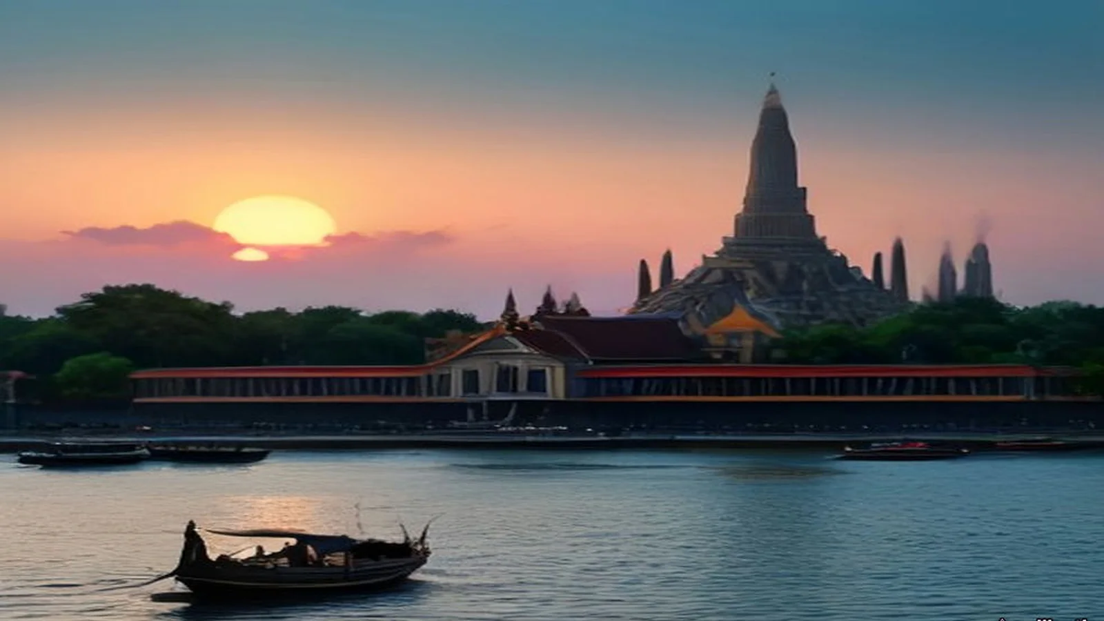 A Thai riverside temple at sunset with a long-tail boat on calm water under a golden sky