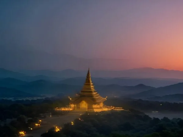 Golden mountain temple glowing at dusk above misty Chiang Mai hills