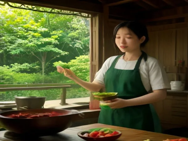 Travelers learning Thai cooking with a chef amid colorful ingredients in an open pavilion