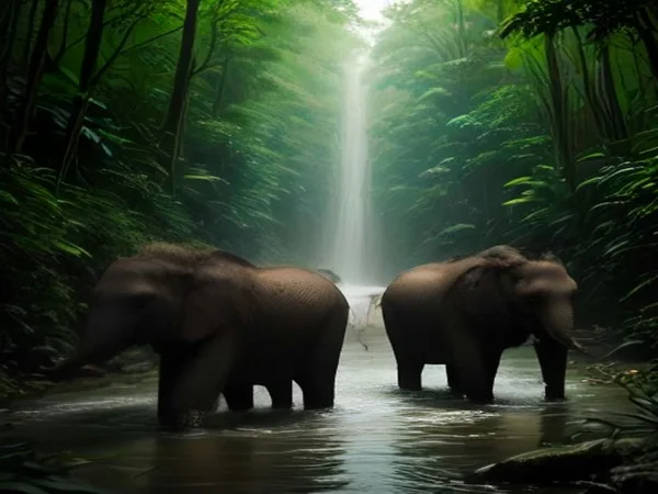 Asian elephants walking freely through a green jungle stream at a sanctuary